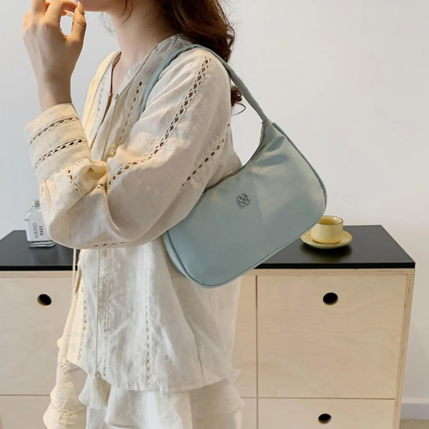 Mini Shoulder Bag for Women, Nylon Crescent Handbag Underarm Retro Hobo Clutch Classic Tote Purse with Zipper Closure