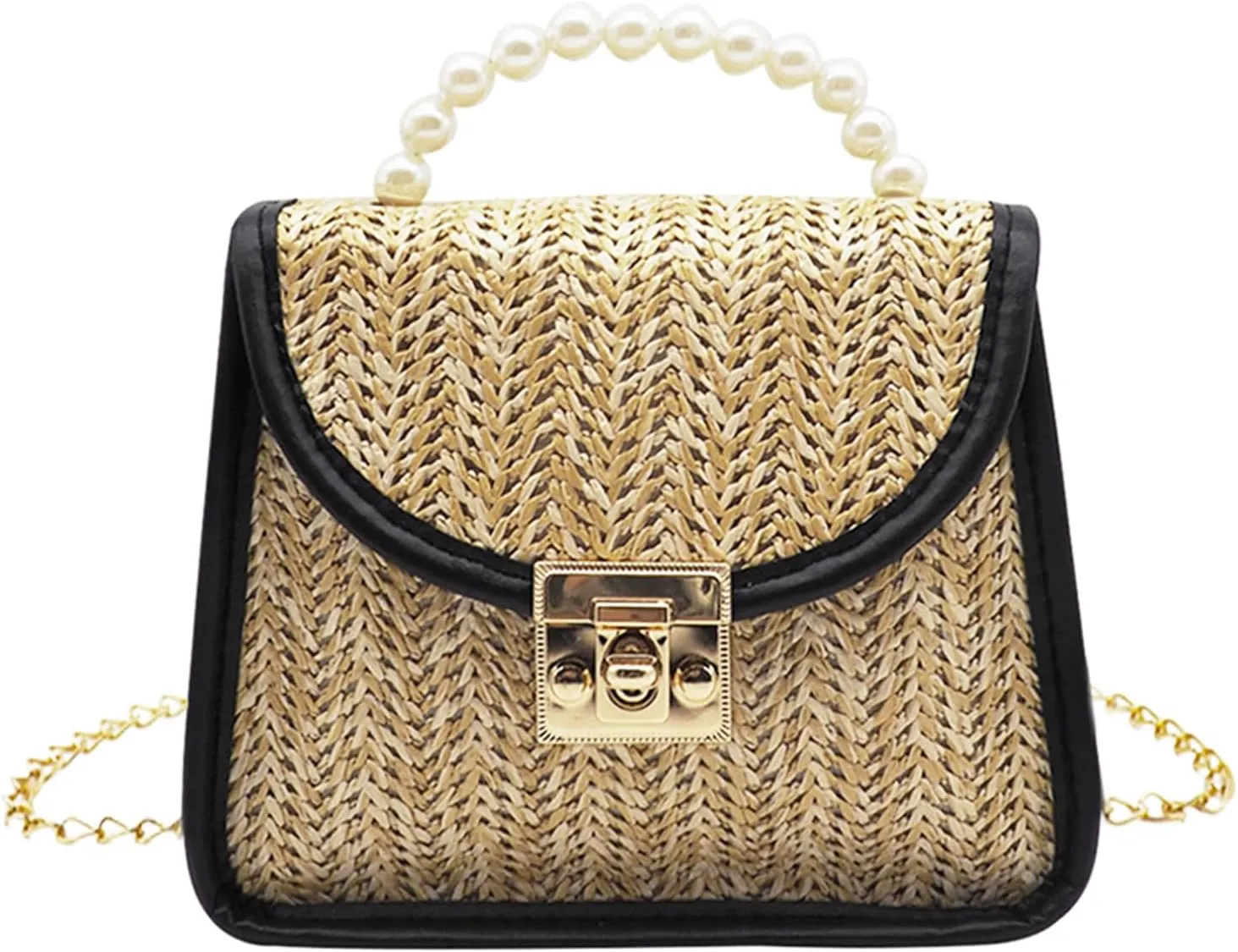 Mini Straw Bag for Girls, Summer Woven Crossbody Shoulder Bag for Women, Small Pearl Top Handle Handbag Flap Purse