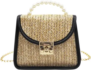 Mini Straw Bag for Girls, Summer Woven Crossbody Shoulder Bag for Women, Small Pearl Top Handle Handbag Flap Purse