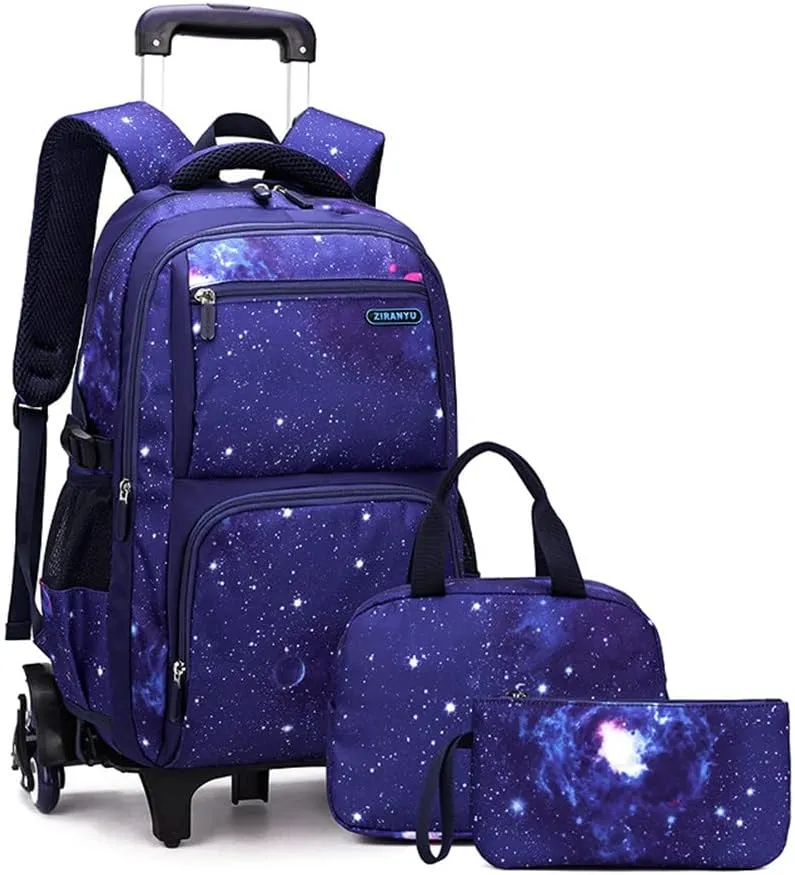 MITOWERMI Boys Rolling Backpacks Kids'Luggage Wheeled Backpack for School Boys Trolley Bags Space-Galaxy Roller Bookbag with Lunch Bag