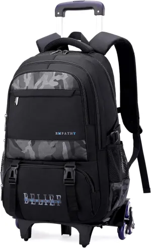 MITOWERMI Camouflages Black Boys Rolling Backpacks Kids Carry-on Luggage Camo Bookbag with 6 Wheels Boys Teens Wheeled Backpack Trolley School Bags