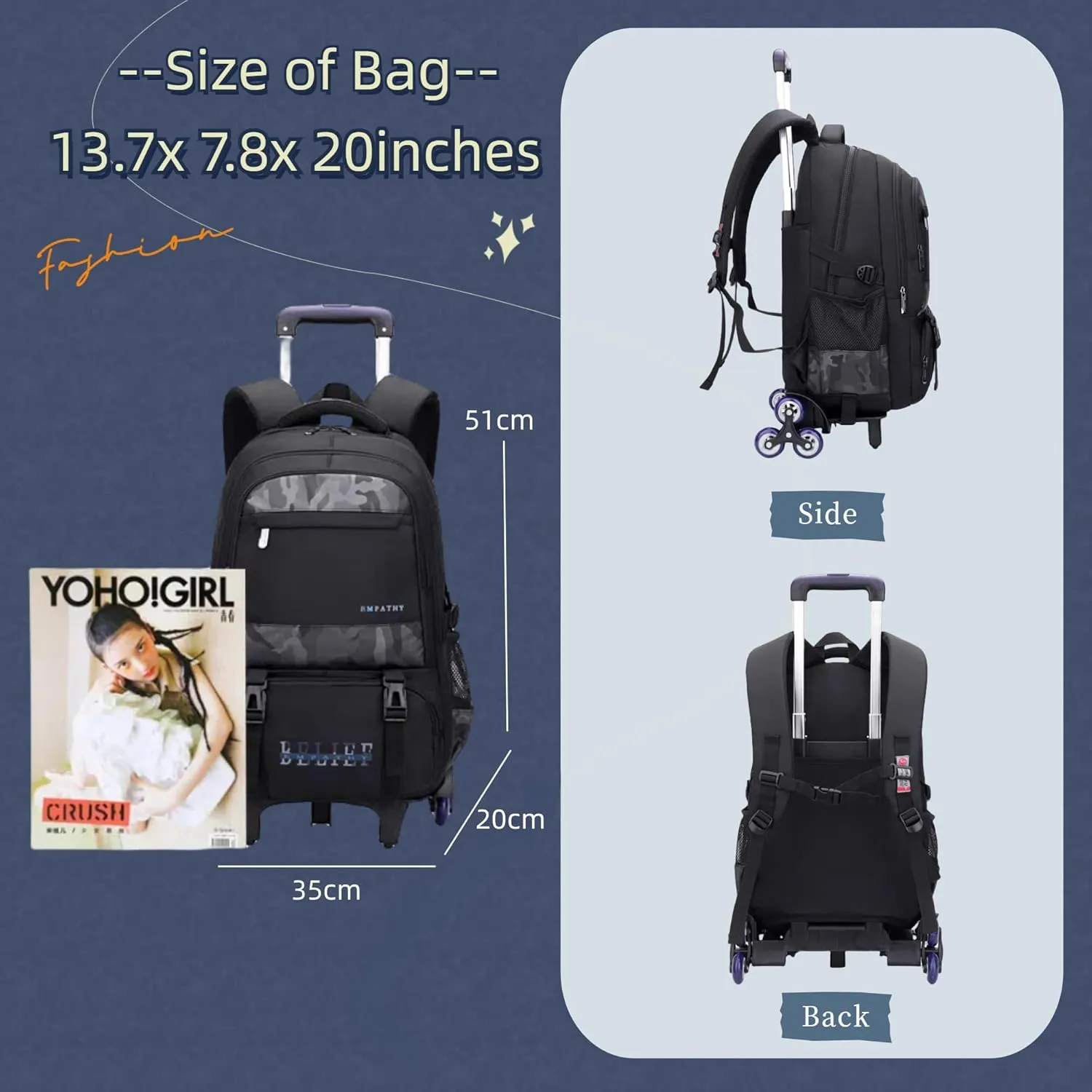 MITOWERMI Camouflages Grey Boys Rolling Backpacks Kids Carry-on Luggage Camo Bookbag with 2 Wheels Boys Teens Wheeled Backpack Trolley School Bags