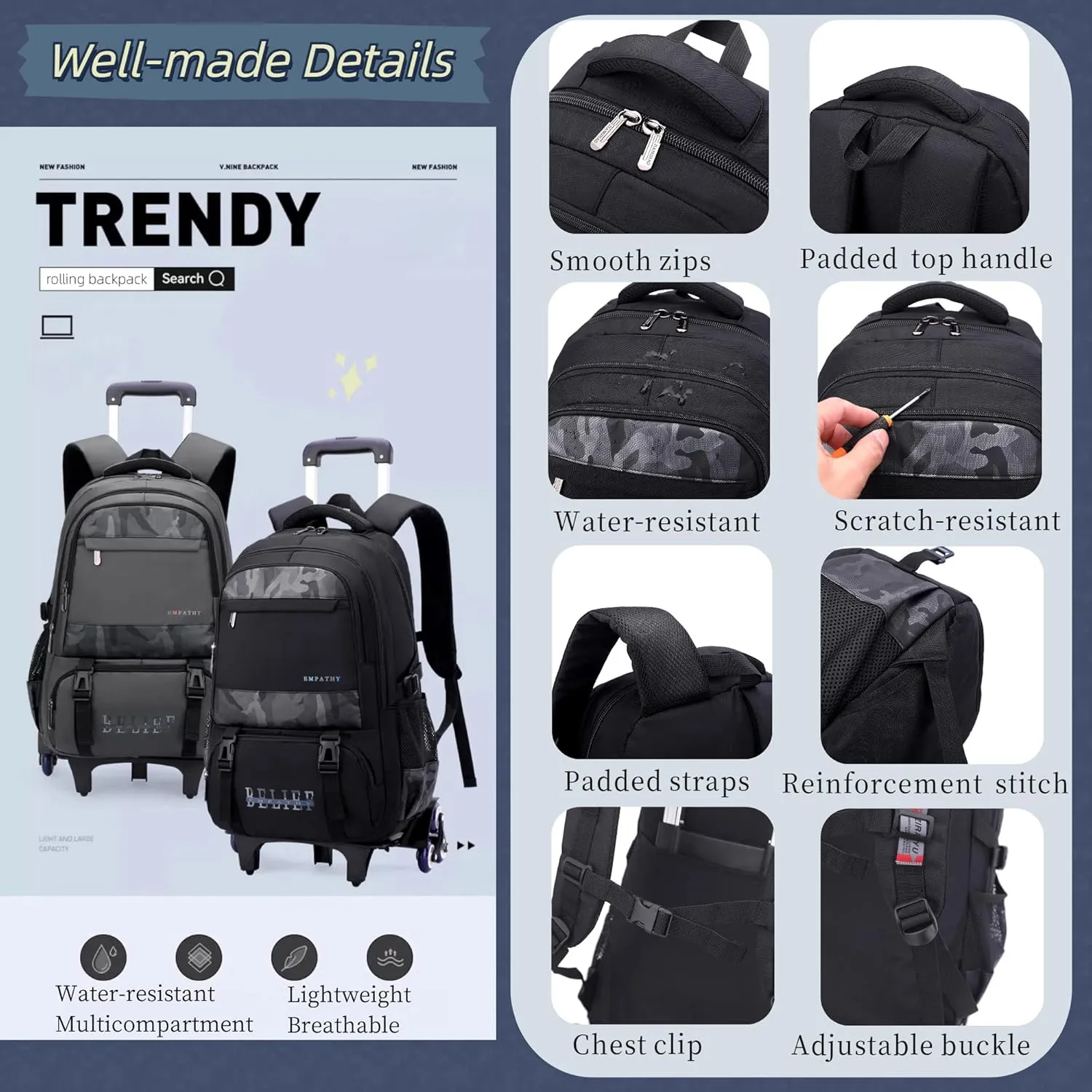 MITOWERMI Camouflages Grey Boys Rolling Backpacks Kids Carry-on Luggage Camo Bookbag with 2 Wheels Boys Teens Wheeled Backpack Trolley School Bags