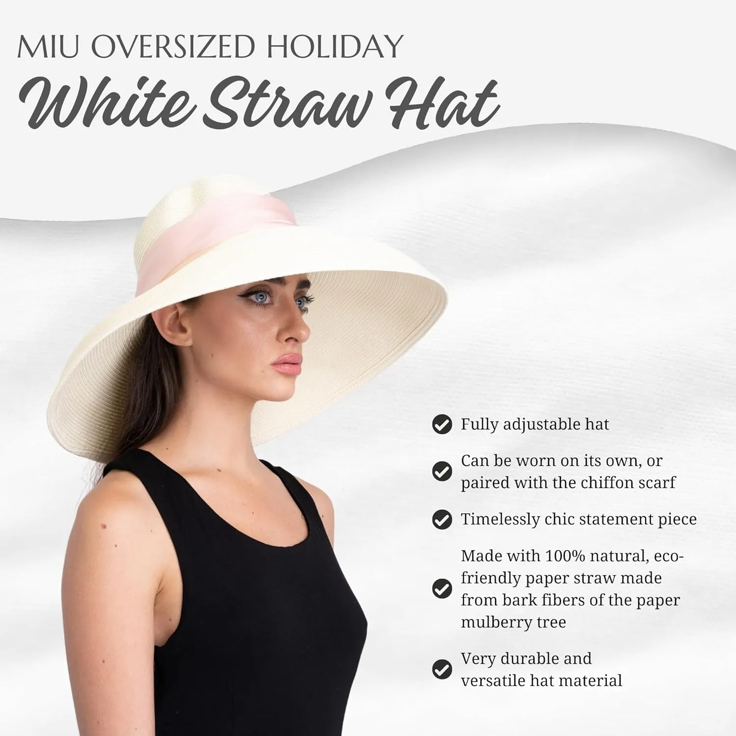 MIU Audrey Hepburn Hat for Women - Wide Brim, Adjustable, 100% White Straw Hat - Perfect for Beach Holiday