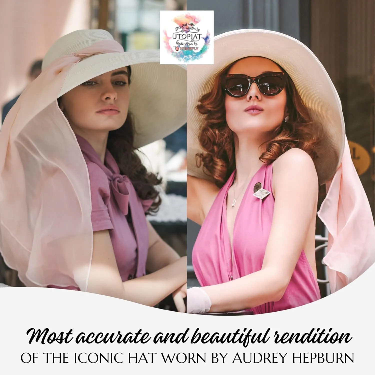 MIU Audrey Hepburn Hat for Women - Wide Brim, Adjustable, 100% White Straw Hat - Perfect for Beach Holiday