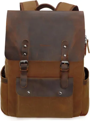 Modoker Waxed Canvas Backpack, Leather Rucksack Knapsack for Men Woman Vintage Travel Laptop Backpack 15.6 Inch Satchel Backpack, Retro Flap Backpacks Canvas Casual Bookbag Brown