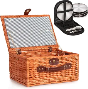 MOHOPE Picnic Basket for 4, Wicker Picnic Basket Set with Liner & Utensils Cutlery, Handmade Large Willow Hamper Set for Camping, Outdoor, Valentine’s Day, Wedding Gift, Birthday, Easter