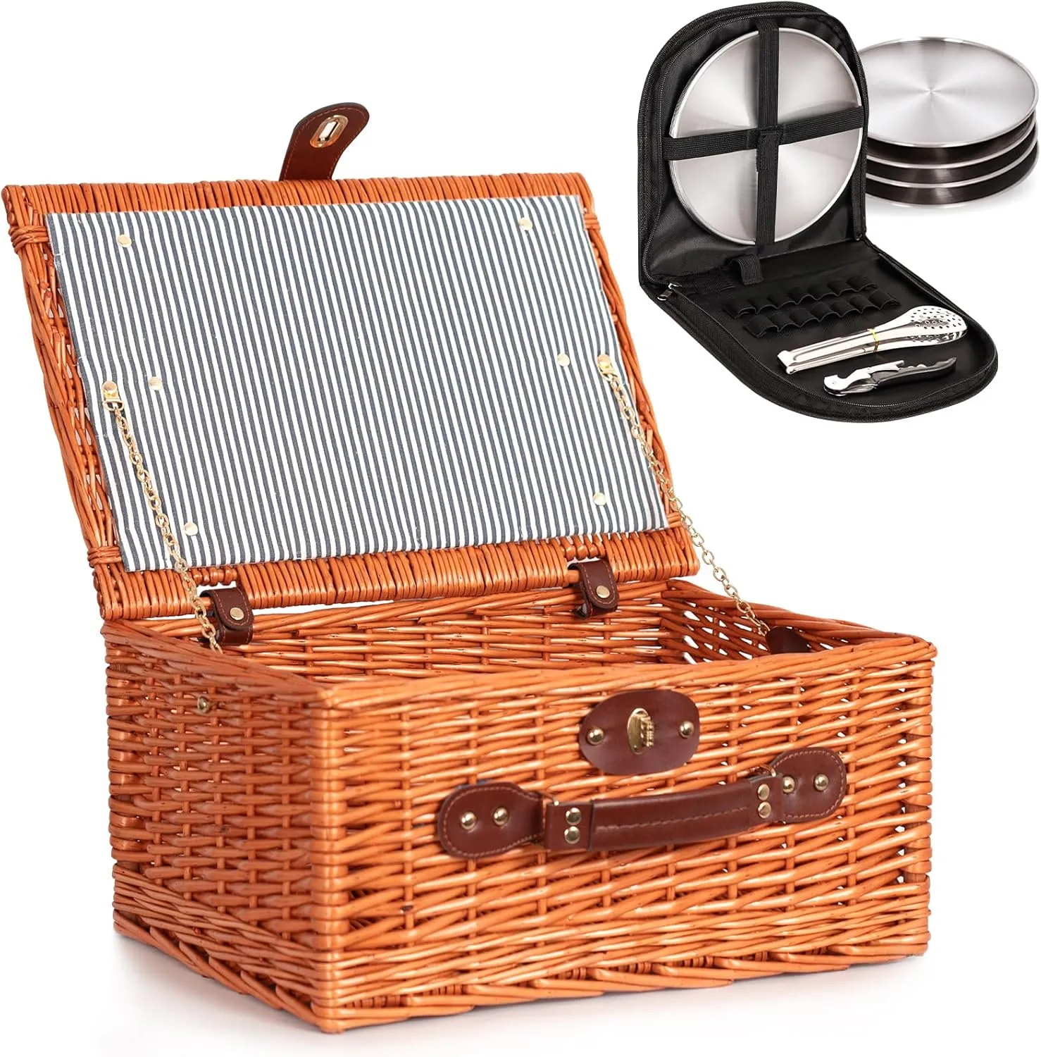 MOHOPE Picnic Basket for 4, Wicker Picnic Basket Set with Liner & Utensils Cutlery, Handmade Large Willow Hamper Set for Camping, Outdoor, Valentine’s Day, Wedding Gift, Birthday, Easter