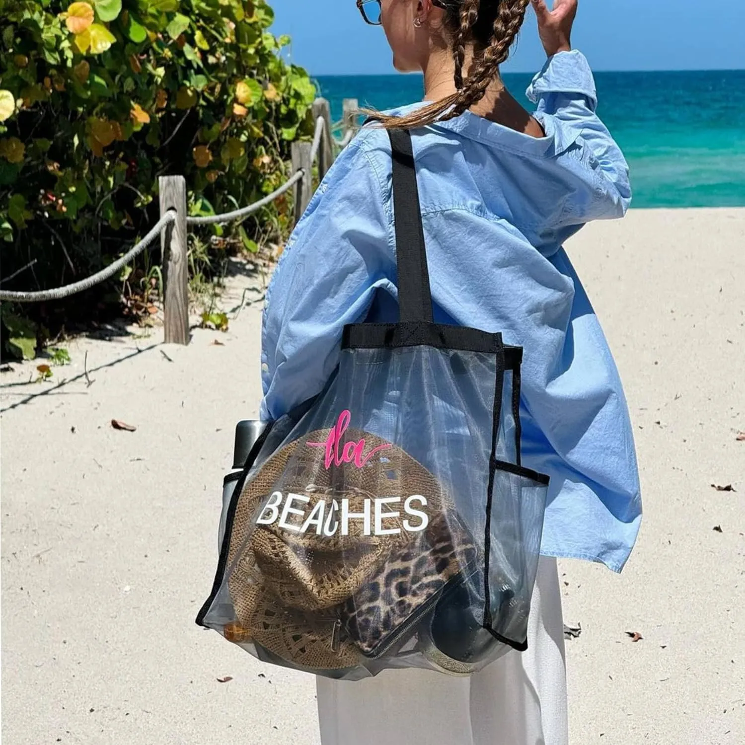 Montana West Large Mesh Beach Tote Bag Net Mesh Pool Bag with Two Pockets