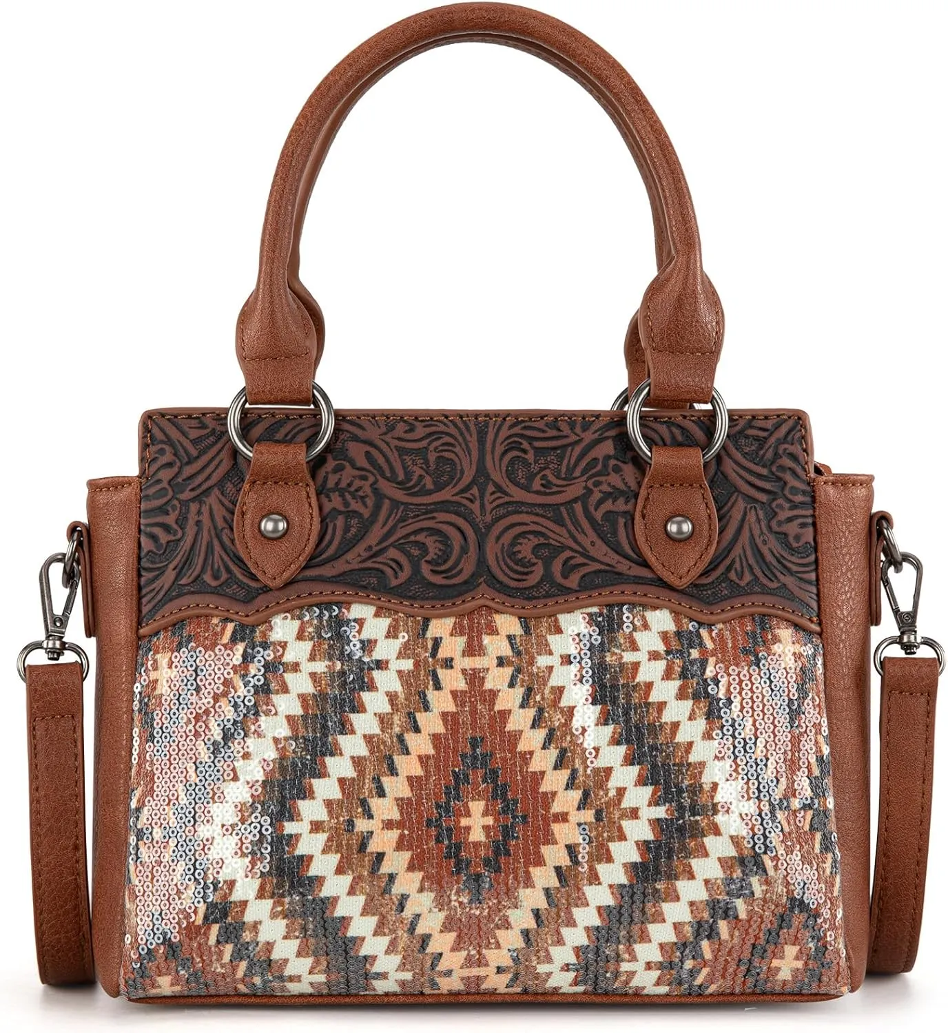 Montana West Sequined Aztec Mini Tote Bag Floral Tooled Handbag