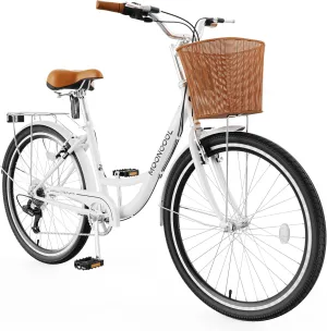 MOONCOOL Womens Bike 7 Speed, 24 26 inch Beach Cruiser Bikes for Women, Step Through Adult Bicycle with Front Basket for City Commuting