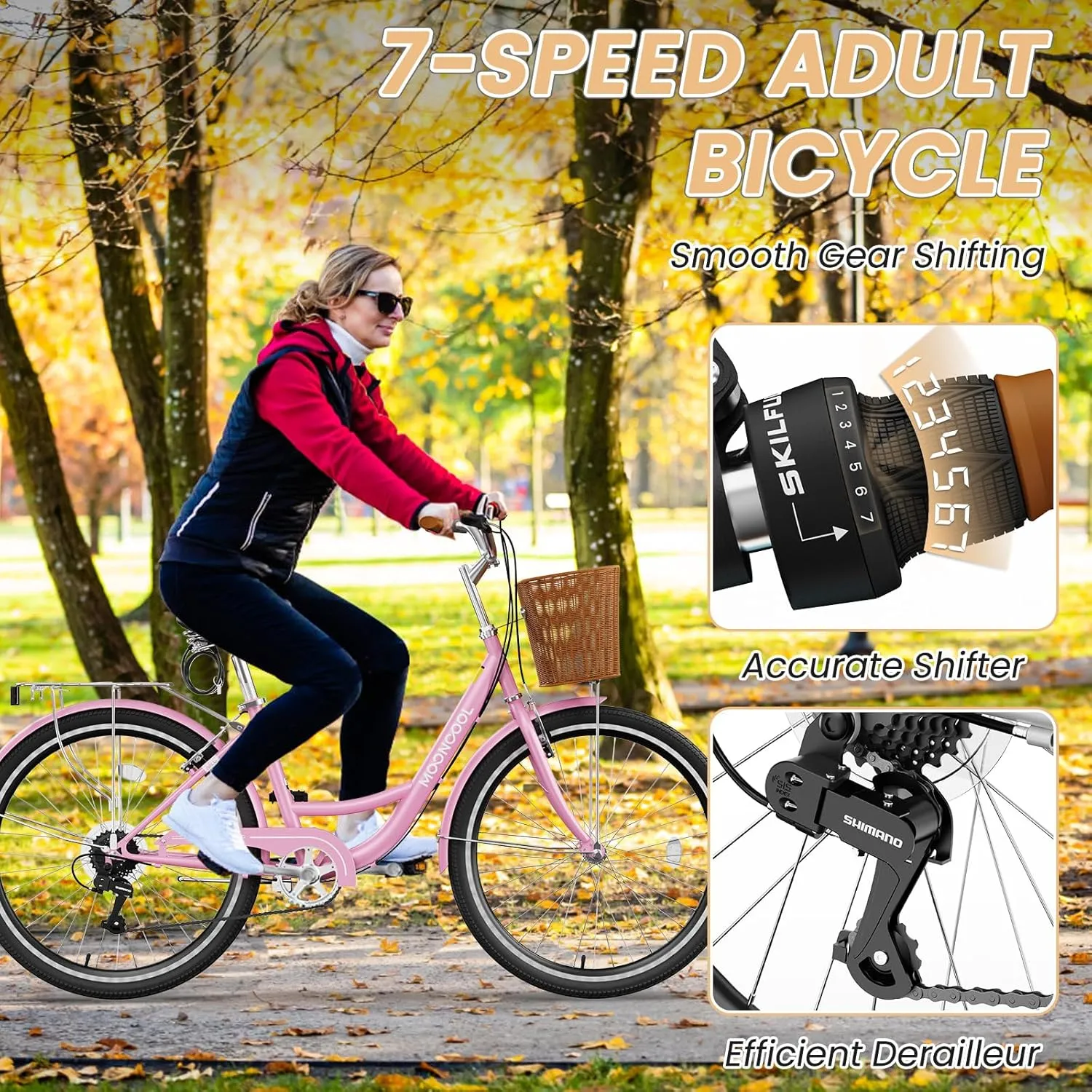 MOONCOOL Womens Bike 7 Speed, 24 26 inch Beach Cruiser Bikes for Women, Step Through Adult Bicycle with Front Basket for City Commuting