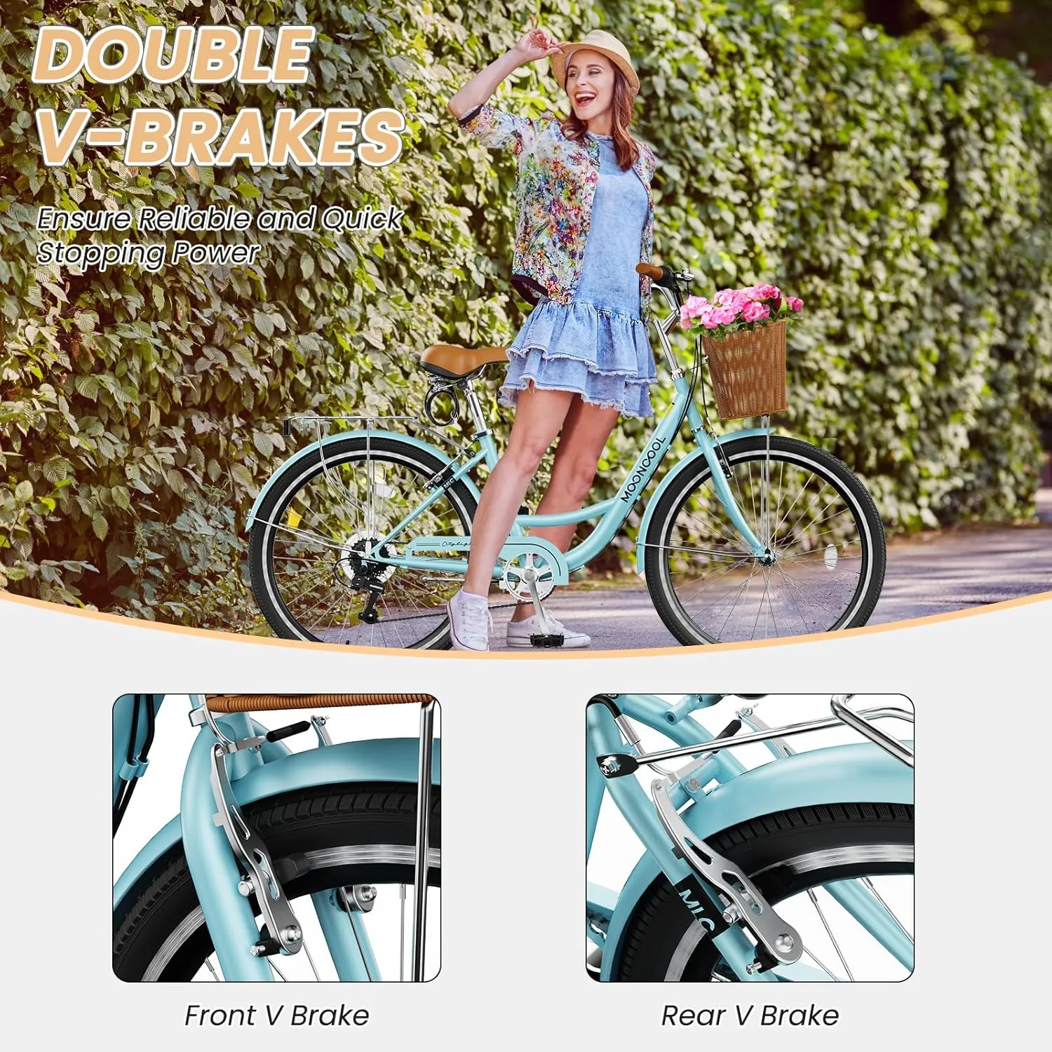 MOONCOOL Womens Bike 7 Speed, 24 26 inch Beach Cruiser Bikes for Women, Step Through Adult Bicycle with Front Basket for City Commuting