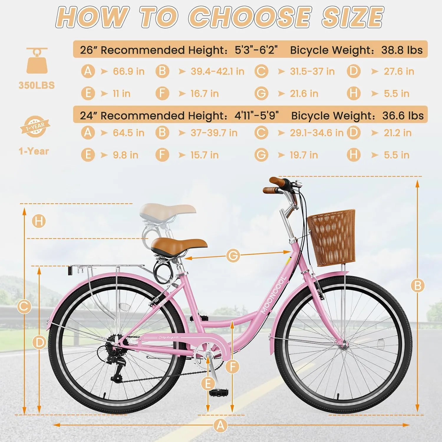 MOONCOOL Womens Bike 7 Speed, 24 26 inch Beach Cruiser Bikes for Women, Step Through Adult Bicycle with Front Basket for City Commuting
