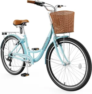 MOONCOOL Womens Bike 7 Speed, 24 26 inch Beach Cruiser Bikes for Women, Step Through Adult Bicycle with Front Basket for City Commuting