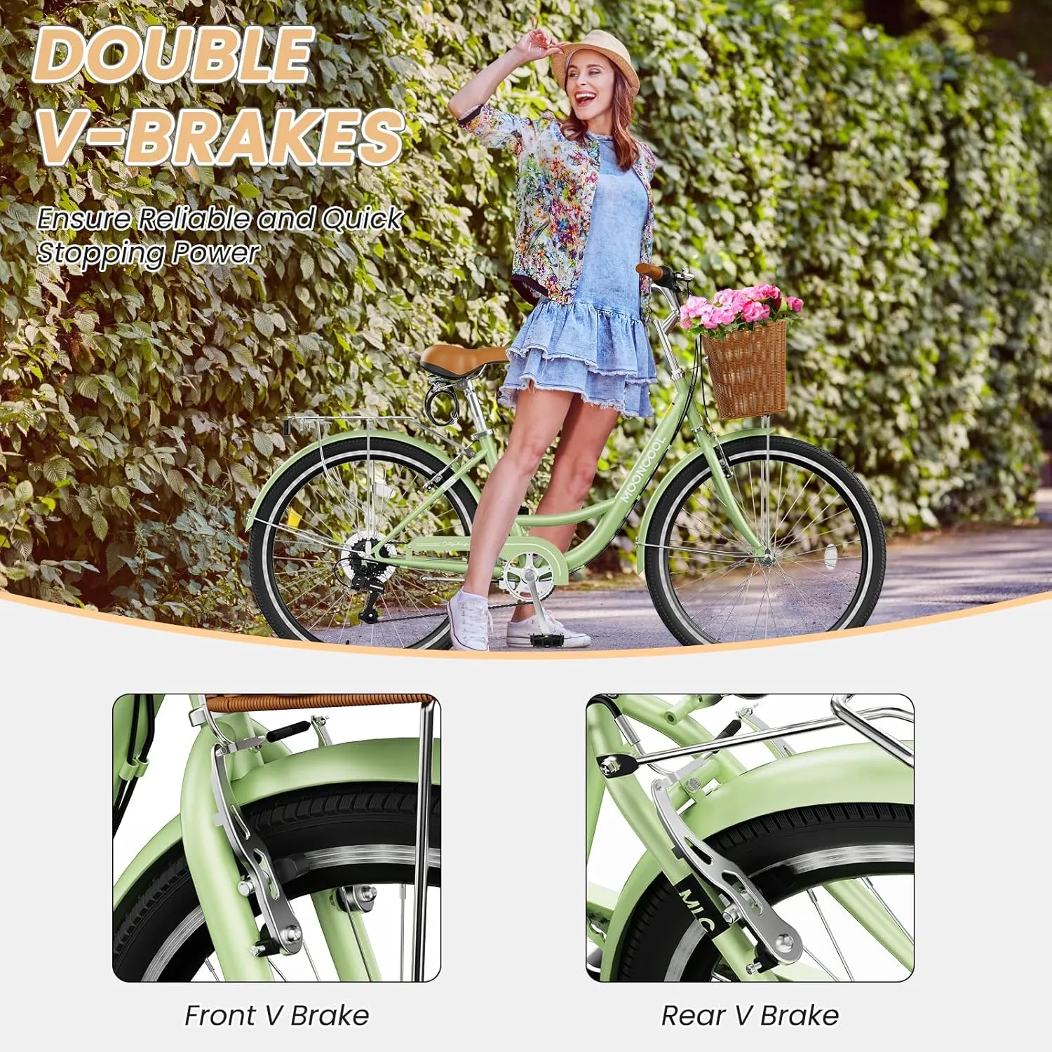 MOONCOOL Womens Bike 7 Speed, 24 26 inch Beach Cruiser Bikes for Women, Step Through Adult Bicycle with Front Basket for City Commuting