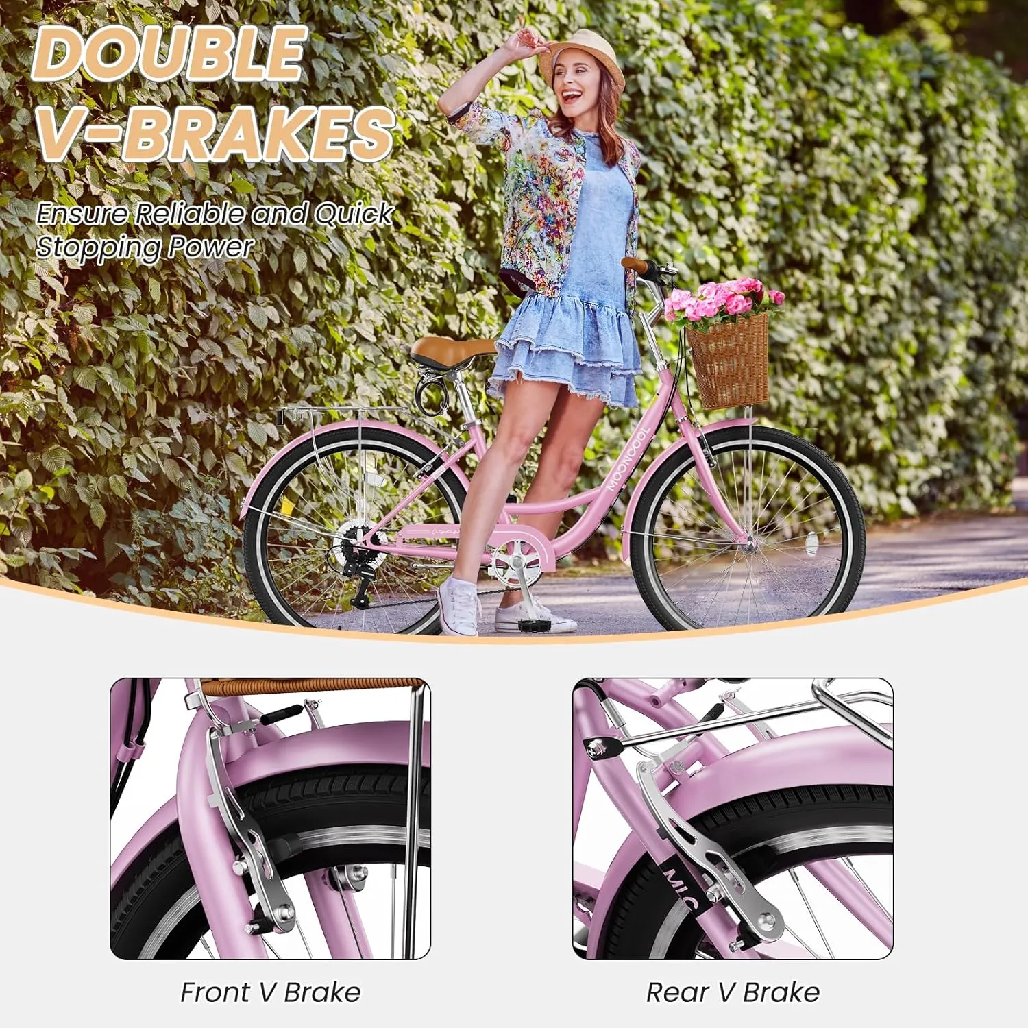 MOONCOOL Womens Bike 7 Speed, 24 26 inch Beach Cruiser Bikes for Women, Step Through Adult Bicycle with Front Basket for City Commuting