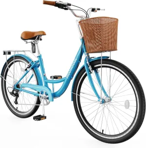 MOONCOOL Womens Bike 7 Speed, 24 26 inch Beach Cruiser Bikes for Women, Step Through Adult Bicycle with Front Basket for City Commuting