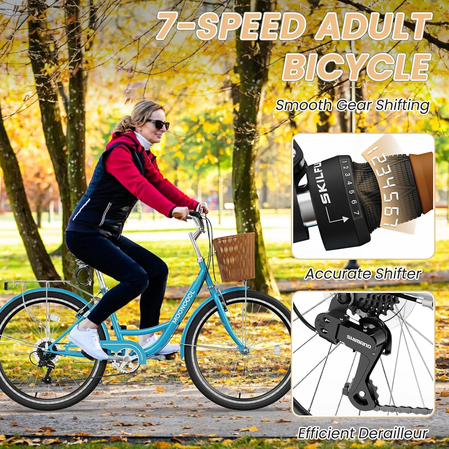 MOONCOOL Womens Bike 7 Speed, 24 26 inch Beach Cruiser Bikes for Women, Step Through Adult Bicycle with Front Basket for City Commuting