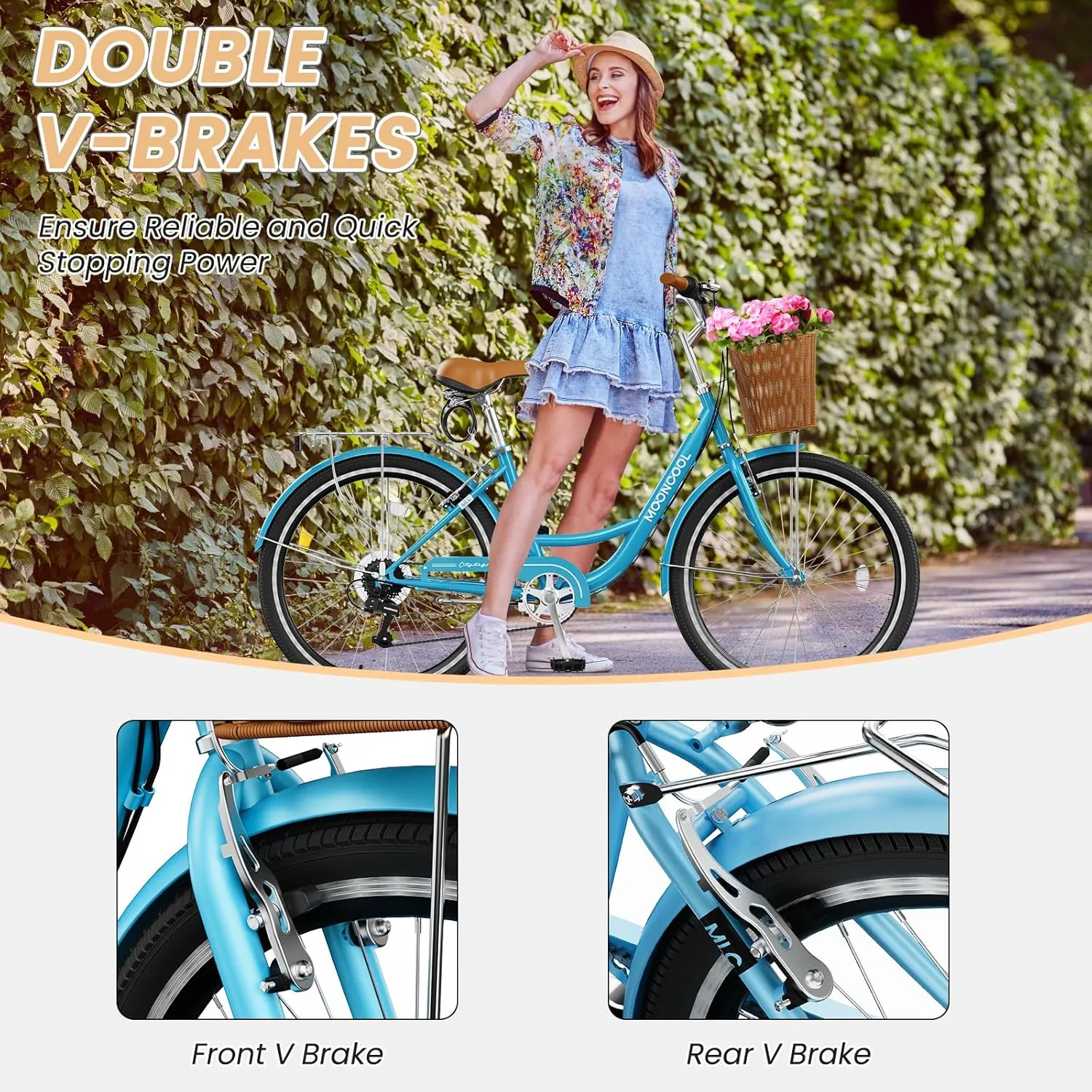 MOONCOOL Womens Bike 7 Speed, 24 26 inch Beach Cruiser Bikes for Women, Step Through Adult Bicycle with Front Basket for City Commuting