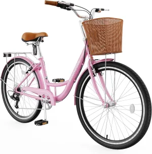 MOONCOOL Womens Bike 7 Speed, 24 26 inch Beach Cruiser Bikes for Women, Step Through Adult Bicycle with Front Basket for City Commuting