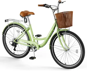 MOONCOOL Womens Bike 7 Speed, 24 26 inch Beach Cruiser Bikes for Women, Step Through Adult Bicycle with Front Basket for City Commuting