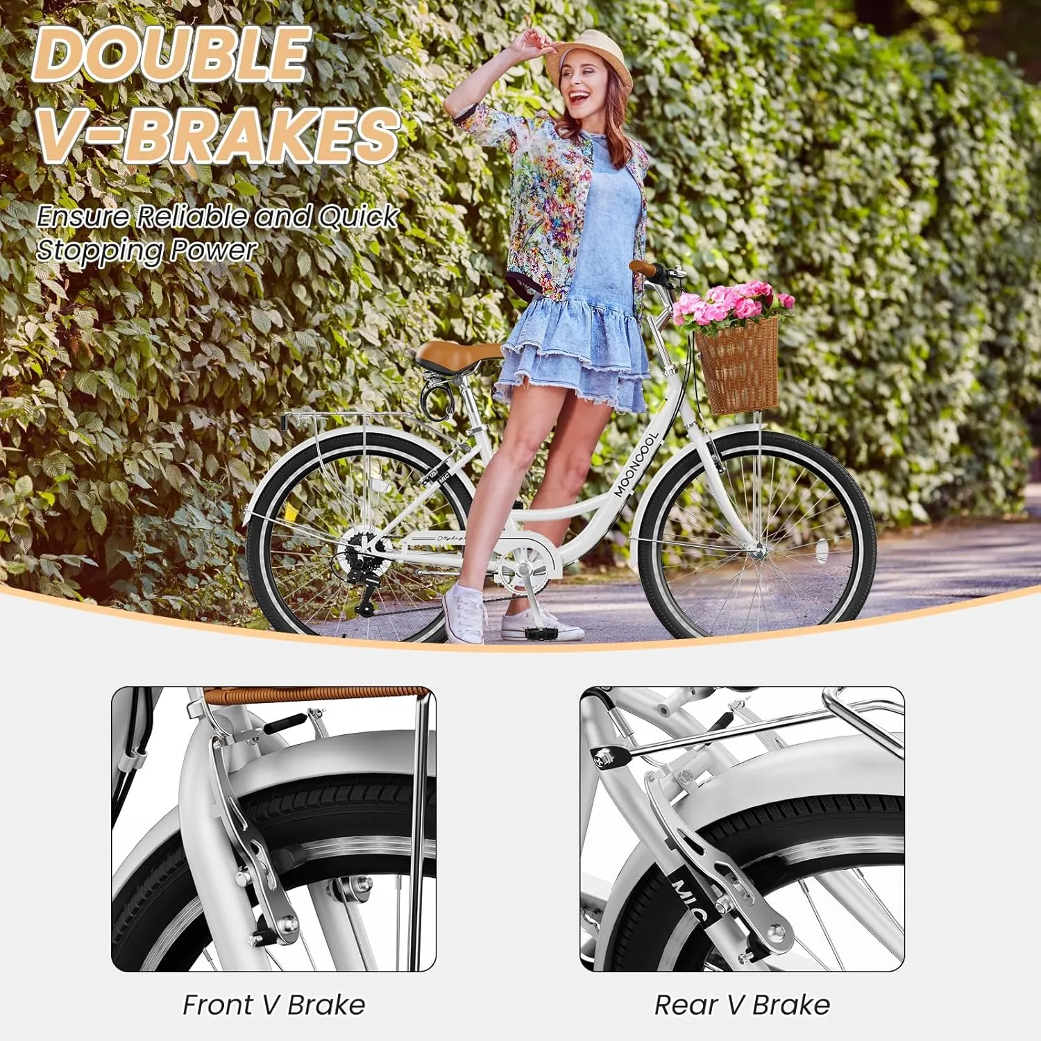 MOONCOOL Womens Bike 7 Speed, 24 26 inch Beach Cruiser Bikes for Women, Step Through Adult Bicycle with Front Basket for City Commuting