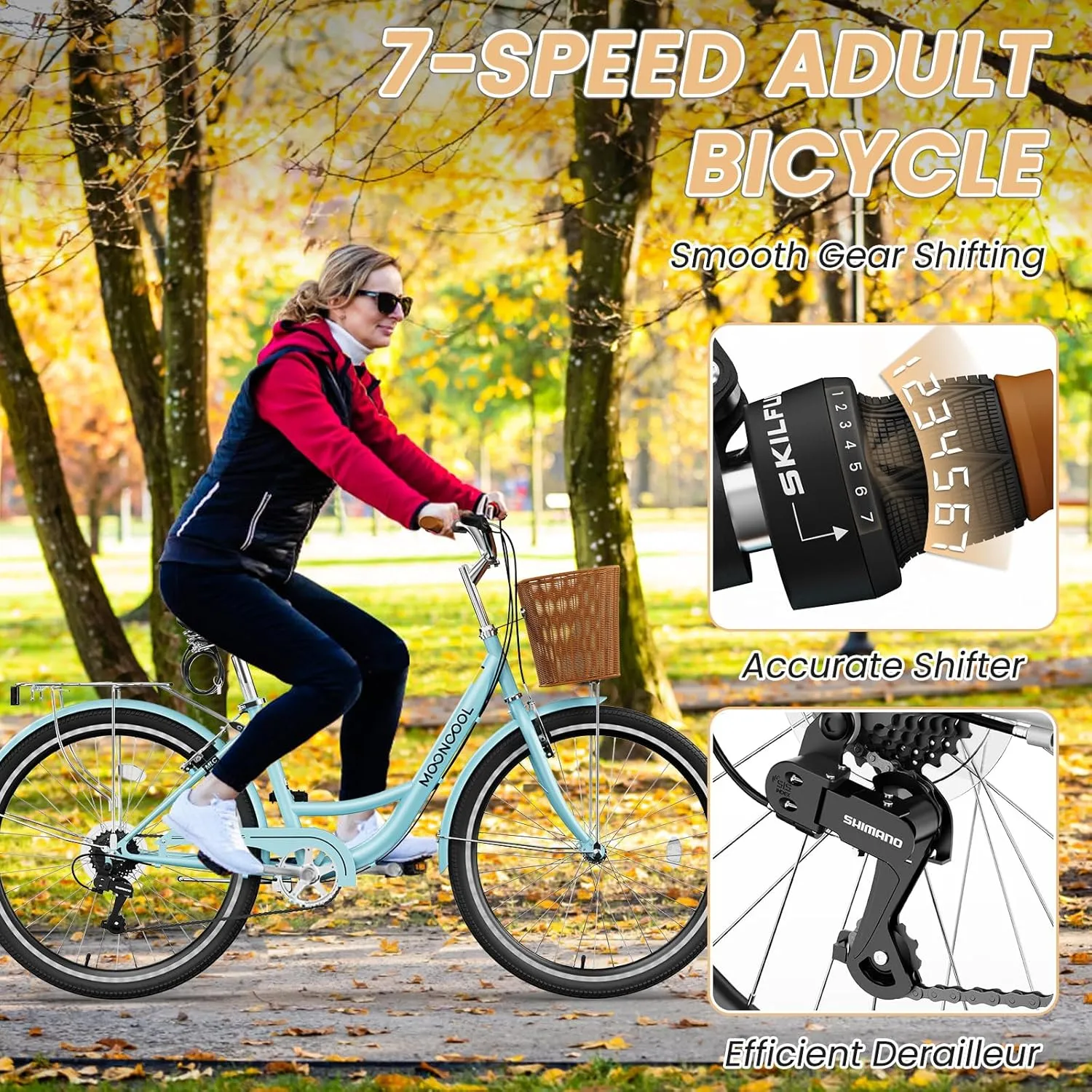 MOONCOOL Womens Bike 7 Speed, 24 26 inch Beach Cruiser Bikes for Women, Step Through Adult Bicycle with Front Basket for City Commuting