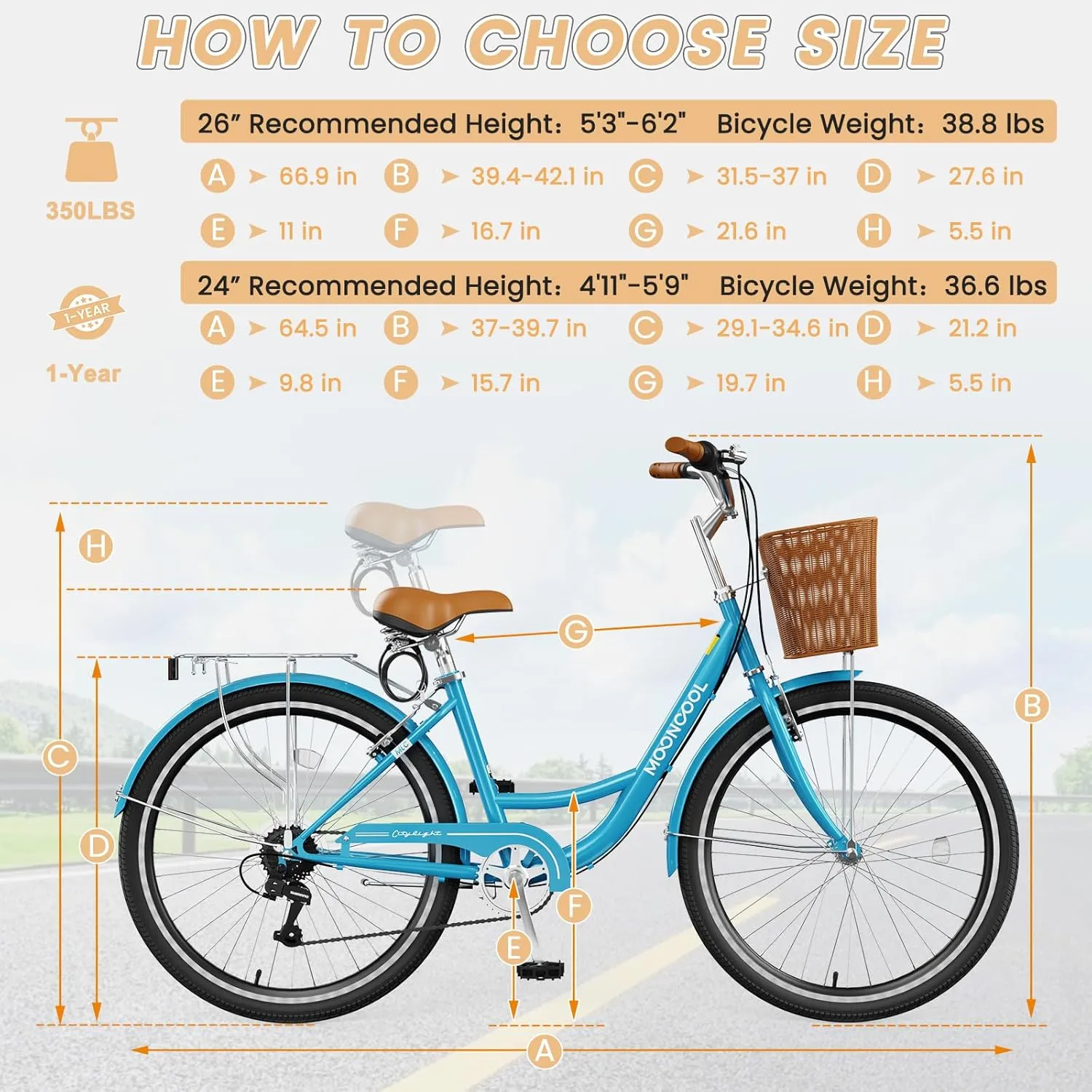 MOONCOOL Womens Bike 7 Speed, 24 26 inch Beach Cruiser Bikes for Women, Step Through Adult Bicycle with Front Basket for City Commuting