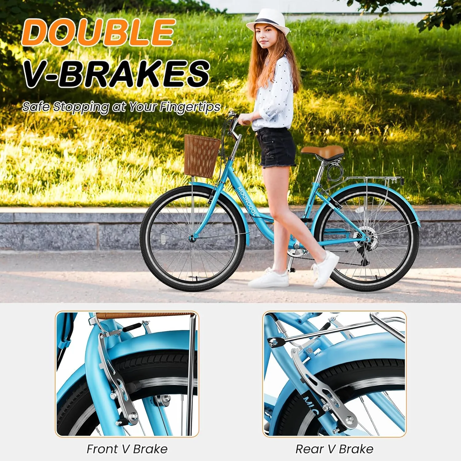 MOPHOTO Womens Bike, 7 Speed Bikes for Adults, 24 26 inch Beach Cruiser Bike for Women with Rattan Basket, Step Through City Bikes Commute Bike Bicycle for Women Ladies