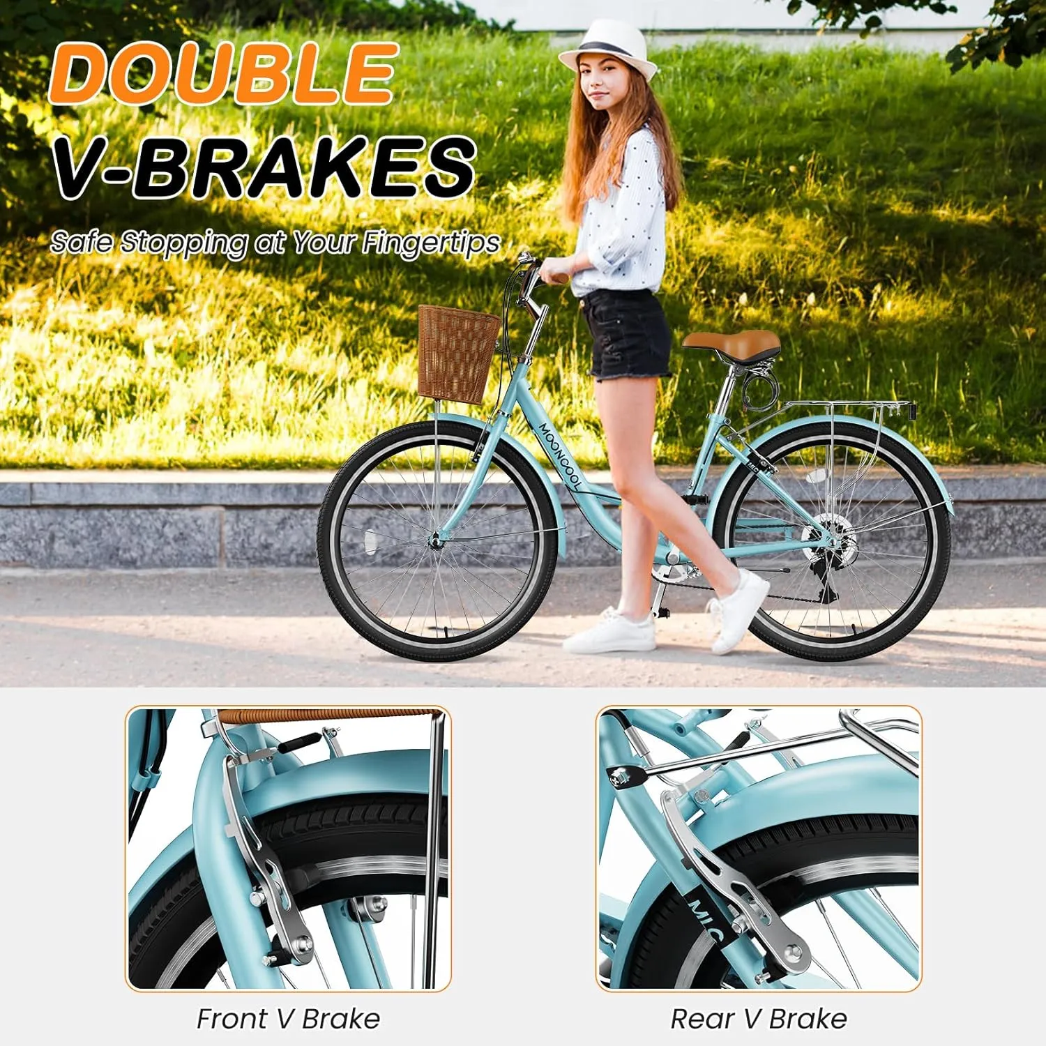 MOPHOTO Womens Bike, 7 Speed Bikes for Adults, 24 26 inch Beach Cruiser Bike for Women with Rattan Basket, Step Through City Bikes Commute Bike Bicycle for Women Ladies