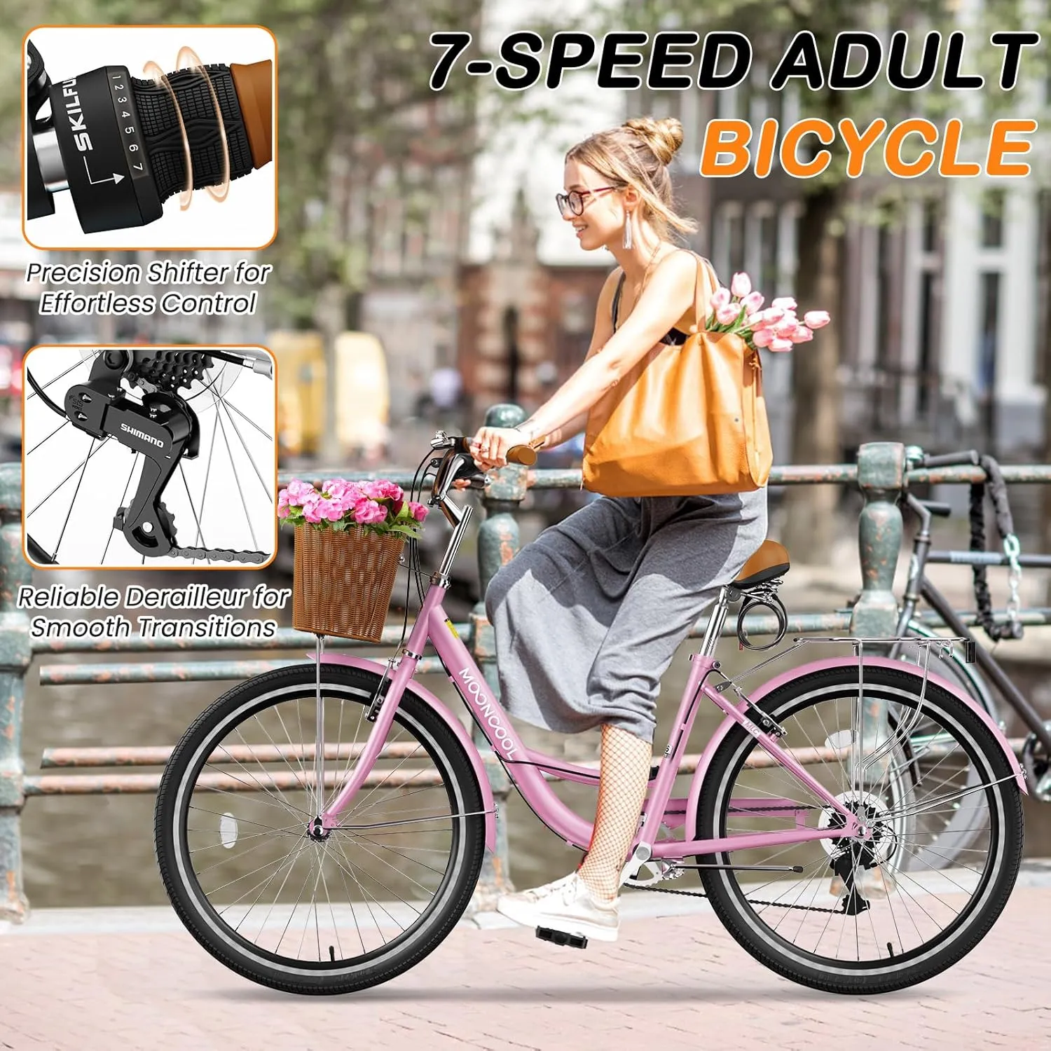 MOPHOTO Womens Bike, 7 Speed Bikes for Adults, 24 26 inch Beach Cruiser Bike for Women with Rattan Basket, Step Through City Bikes Commute Bike Bicycle for Women Ladies