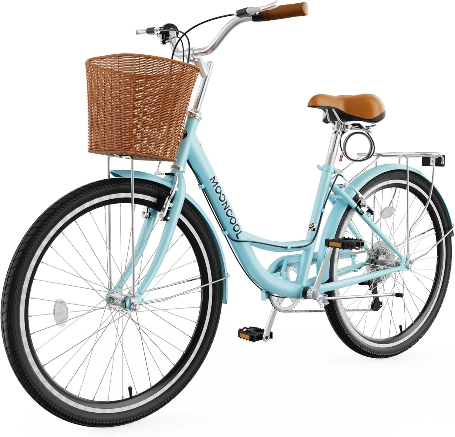 MOPHOTO Womens Bike, 7 Speed Bikes for Adults, 24 26 inch Beach Cruiser Bike for Women with Rattan Basket, Step Through City Bikes Commute Bike Bicycle for Women Ladies