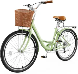 MOPHOTO Womens Bike, 7 Speed Bikes for Adults, 24 26 inch Beach Cruiser Bike for Women with Rattan Basket, Step Through City Bikes Commute Bike Bicycle for Women Ladies