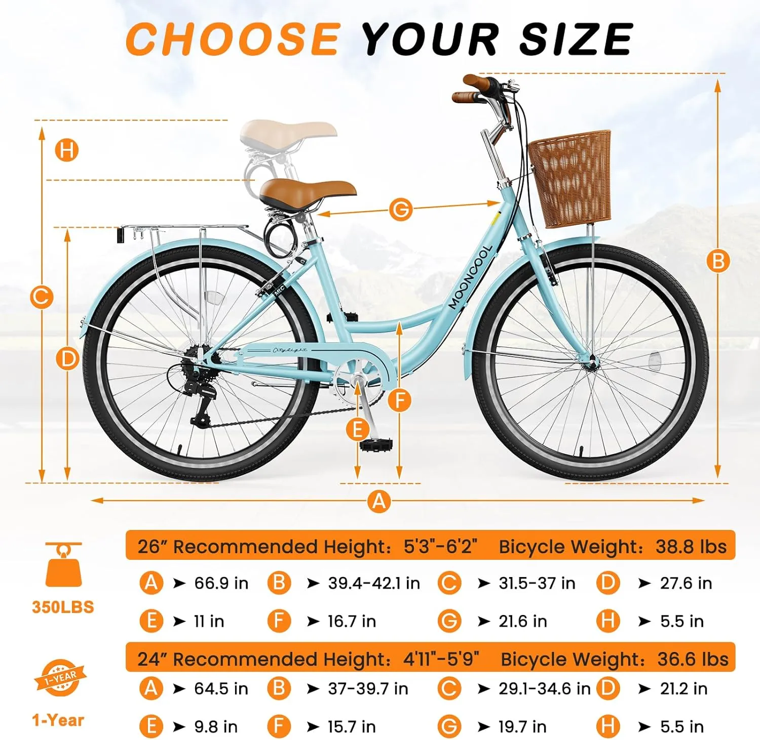 MOPHOTO Womens Bike, 7 Speed Bikes for Adults, 24 26 inch Beach Cruiser Bike for Women with Rattan Basket, Step Through City Bikes Commute Bike Bicycle for Women Ladies