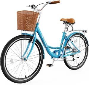 MOPHOTO Womens Bike, 7 Speed Bikes for Adults, 24 26 inch Beach Cruiser Bike for Women with Rattan Basket, Step Through City Bikes Commute Bike Bicycle for Women Ladies