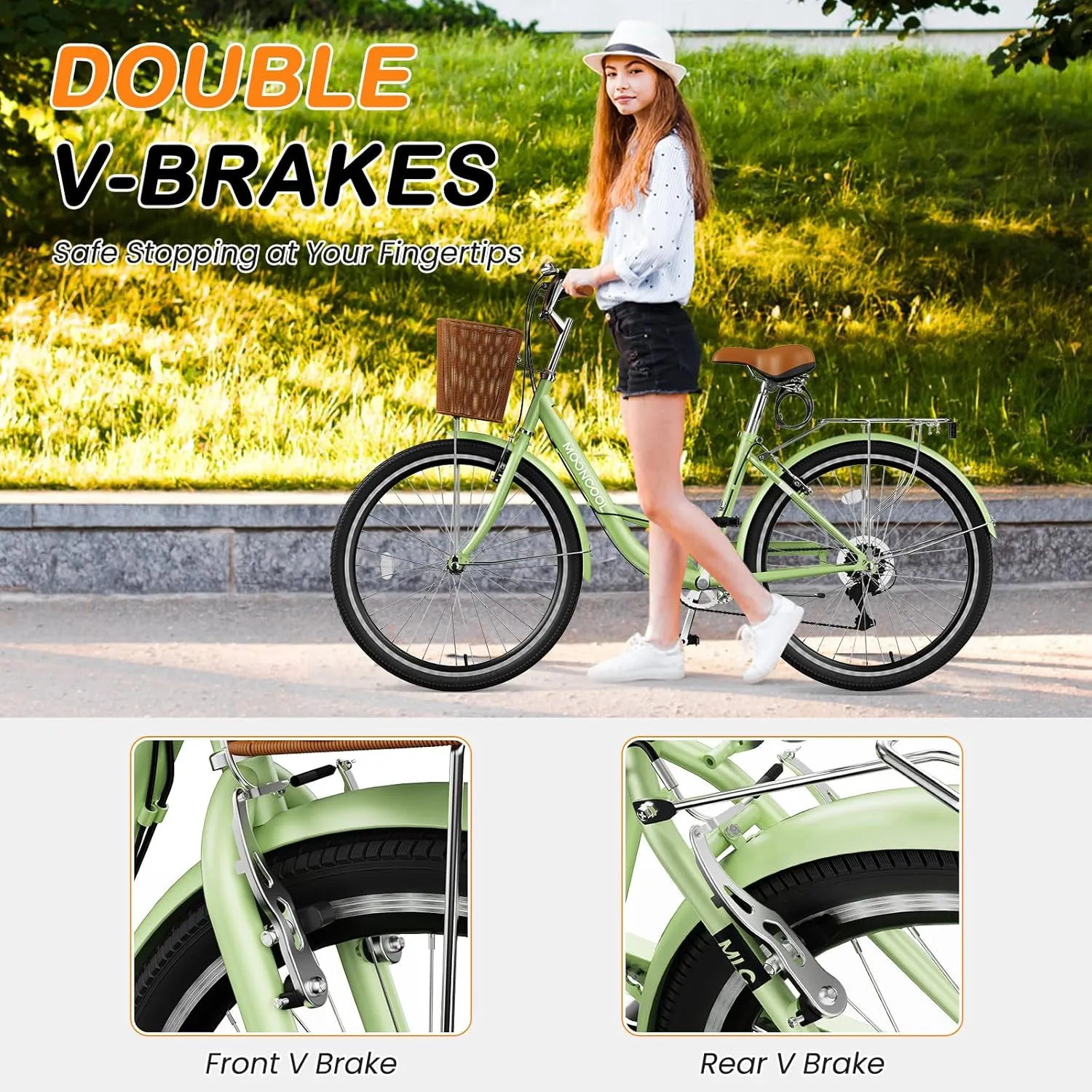 MOPHOTO Womens Bike, 7 Speed Bikes for Adults, 24 26 inch Beach Cruiser Bike for Women with Rattan Basket, Step Through City Bikes Commute Bike Bicycle for Women Ladies