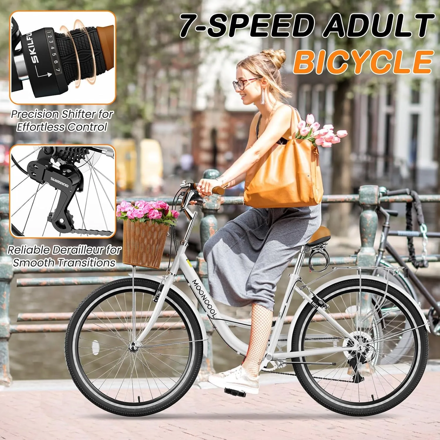 MOPHOTO Womens Bike, 7 Speed Bikes for Adults, 24 26 inch Beach Cruiser Bike for Women with Rattan Basket, Step Through City Bikes Commute Bike Bicycle for Women Ladies
