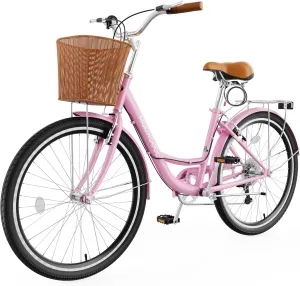 MOPHOTO Womens Bike, 7 Speed Bikes for Adults, 24 26 inch Beach Cruiser Bike for Women with Rattan Basket, Step Through City Bikes Commute Bike Bicycle for Women Ladies