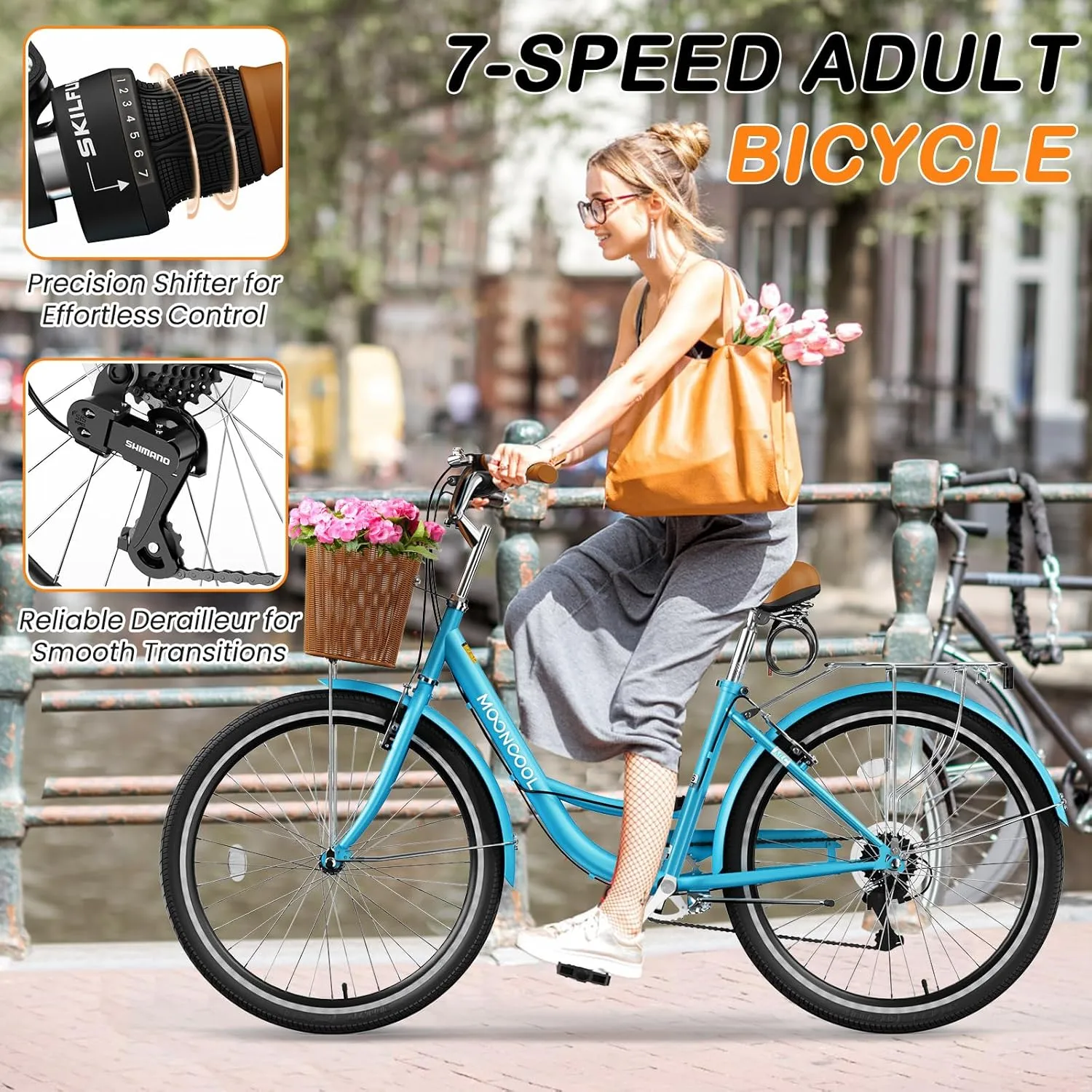 MOPHOTO Womens Bike, 7 Speed Bikes for Adults, 24 26 inch Beach Cruiser Bike for Women with Rattan Basket, Step Through City Bikes Commute Bike Bicycle for Women Ladies