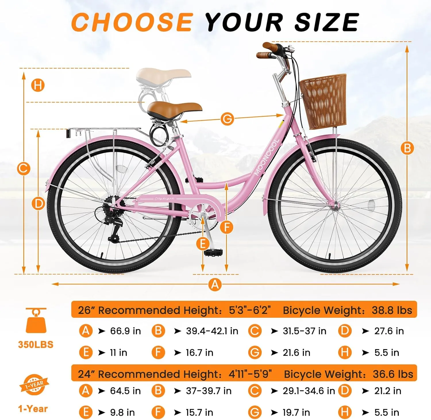 MOPHOTO Womens Bike, 7 Speed Bikes for Adults, 24 26 inch Beach Cruiser Bike for Women with Rattan Basket, Step Through City Bikes Commute Bike Bicycle for Women Ladies