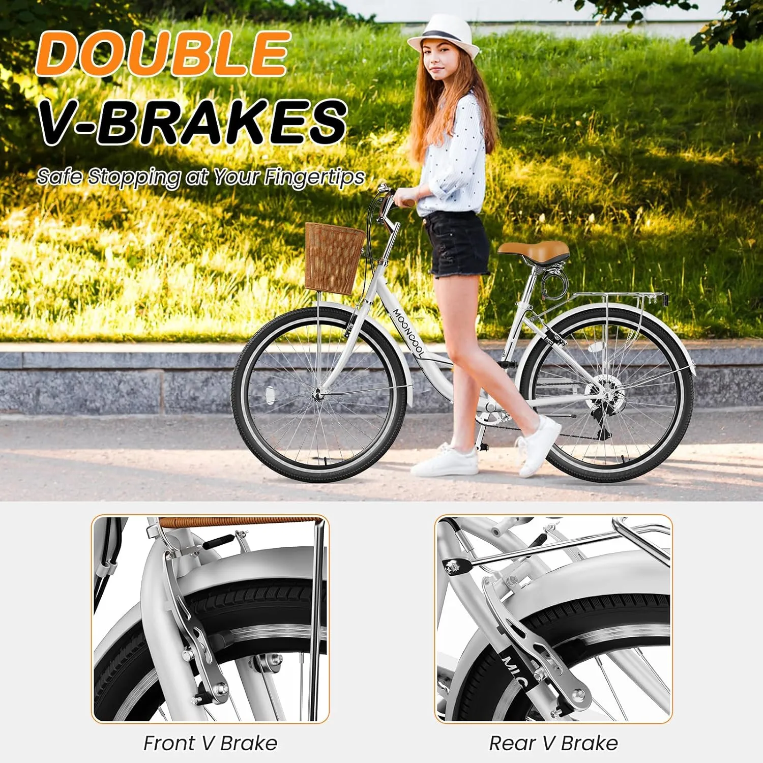 MOPHOTO Womens Bike, 7 Speed Bikes for Adults, 24 26 inch Beach Cruiser Bike for Women with Rattan Basket, Step Through City Bikes Commute Bike Bicycle for Women Ladies
