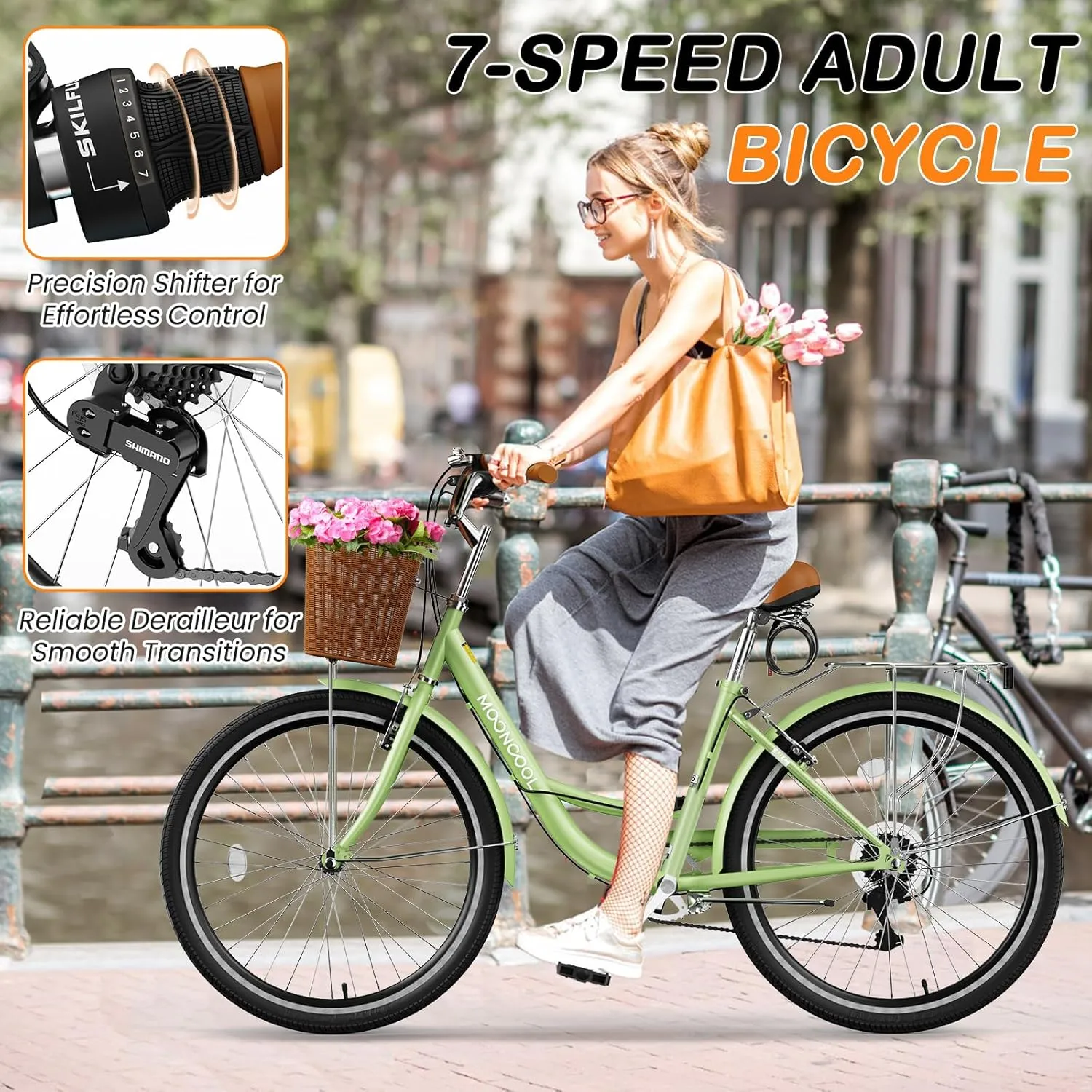 MOPHOTO Womens Bike, 7 Speed Bikes for Adults, 24 26 inch Beach Cruiser Bike for Women with Rattan Basket, Step Through City Bikes Commute Bike Bicycle for Women Ladies