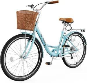 MOPHOTO Womens Bike, 7 Speed Bikes for Adults, 24 26 inch Beach Cruiser Bike for Women with Rattan Basket, Step Through City Bikes Commute Bike Bicycle for Women Ladies