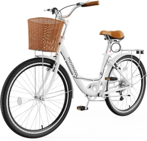 MOPHOTO Womens Bike, 7 Speed Bikes for Adults, 24 26 inch Beach Cruiser Bike for Women with Rattan Basket, Step Through City Bikes Commute Bike Bicycle for Women Ladies