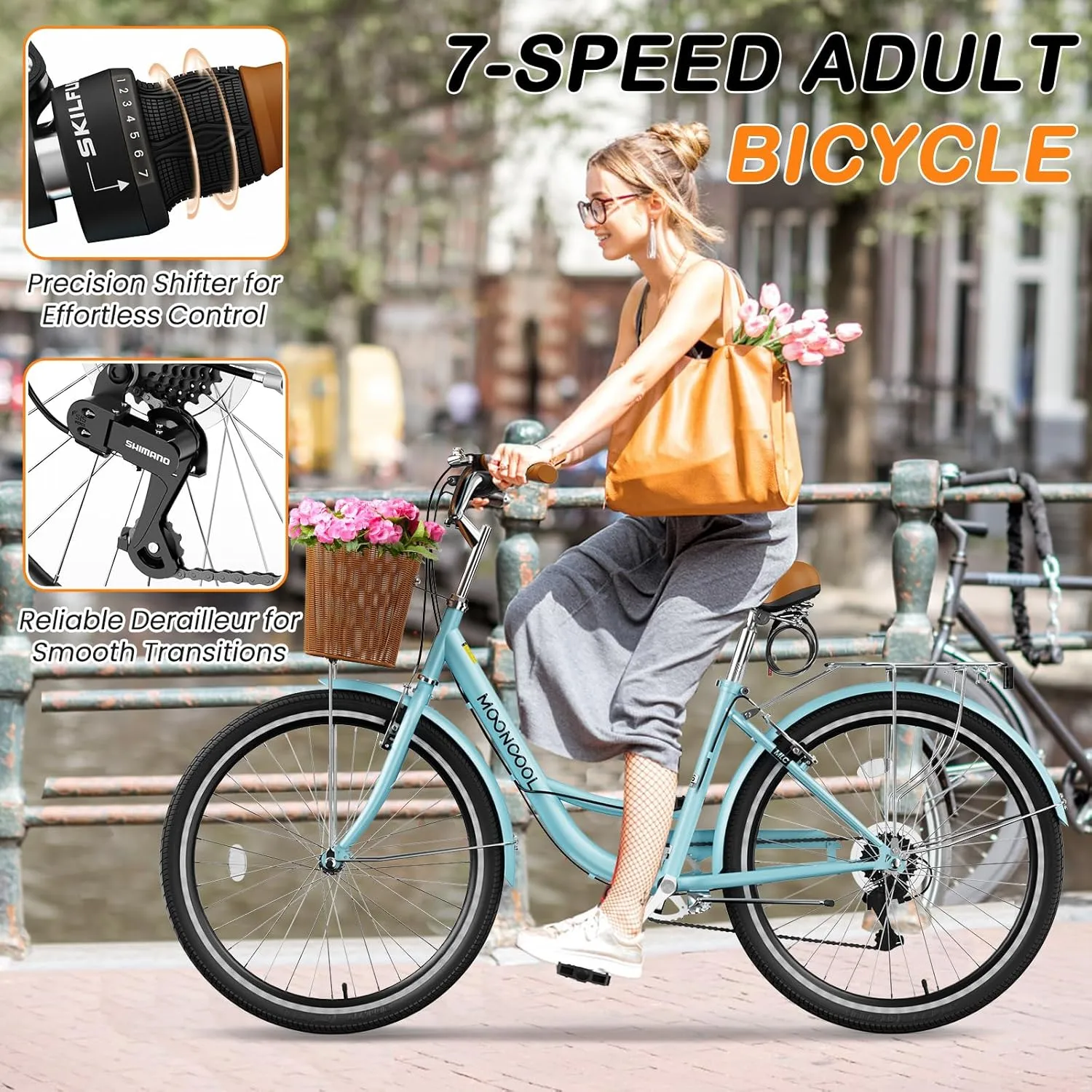 MOPHOTO Womens Bike, 7 Speed Bikes for Adults, 24 26 inch Beach Cruiser Bike for Women with Rattan Basket, Step Through City Bikes Commute Bike Bicycle for Women Ladies