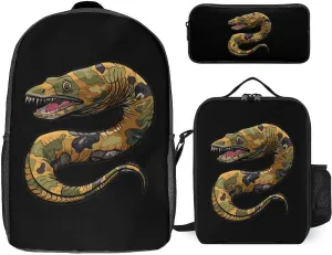 Moray Eel Camouflage 3Pcs Backpack Set Cute Laptop Backpack Travel Daypack with Lunch Bag Pencil Case