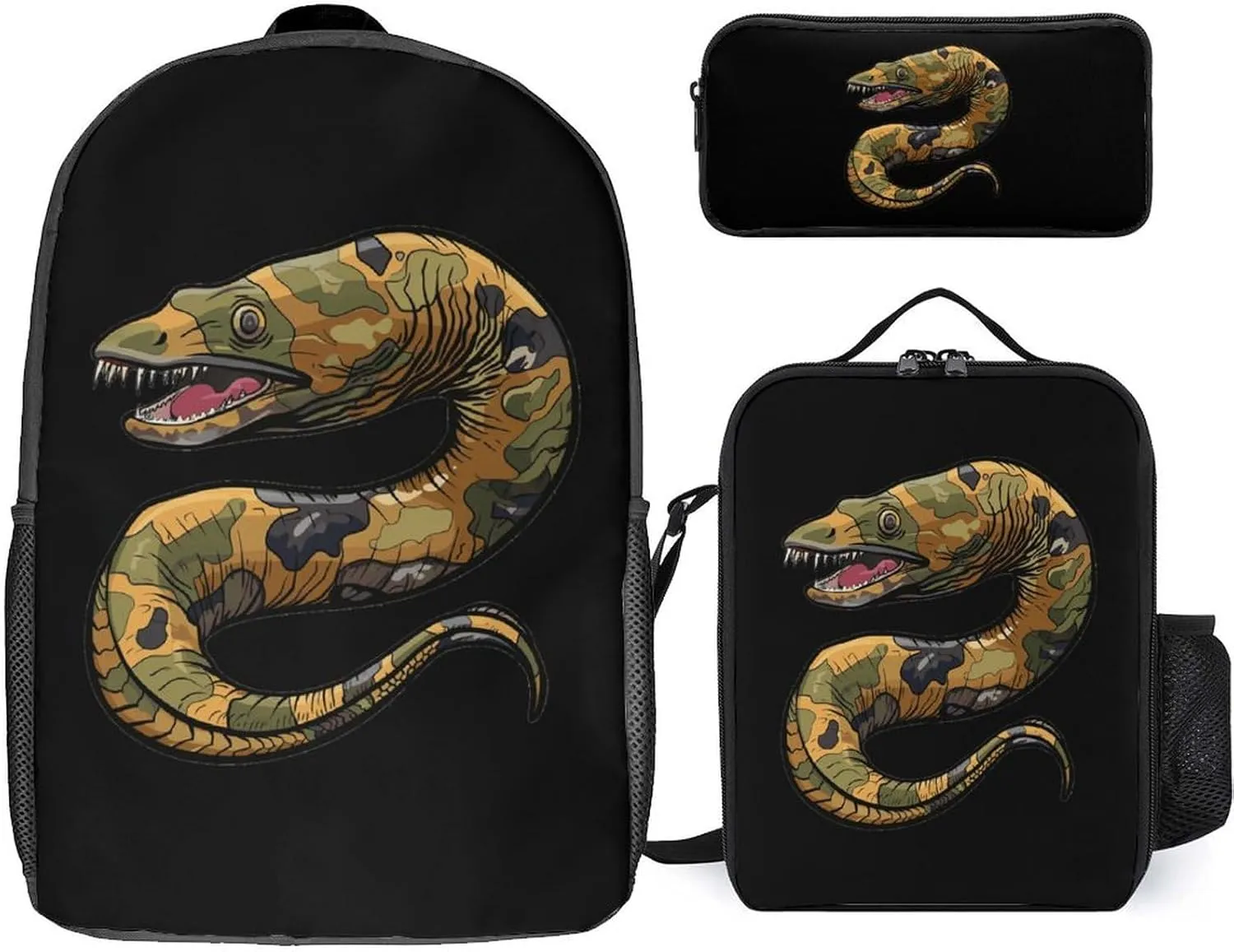 Moray Eel Camouflage 3Pcs Backpack Set Cute Laptop Backpack Travel Daypack with Lunch Bag Pencil Case