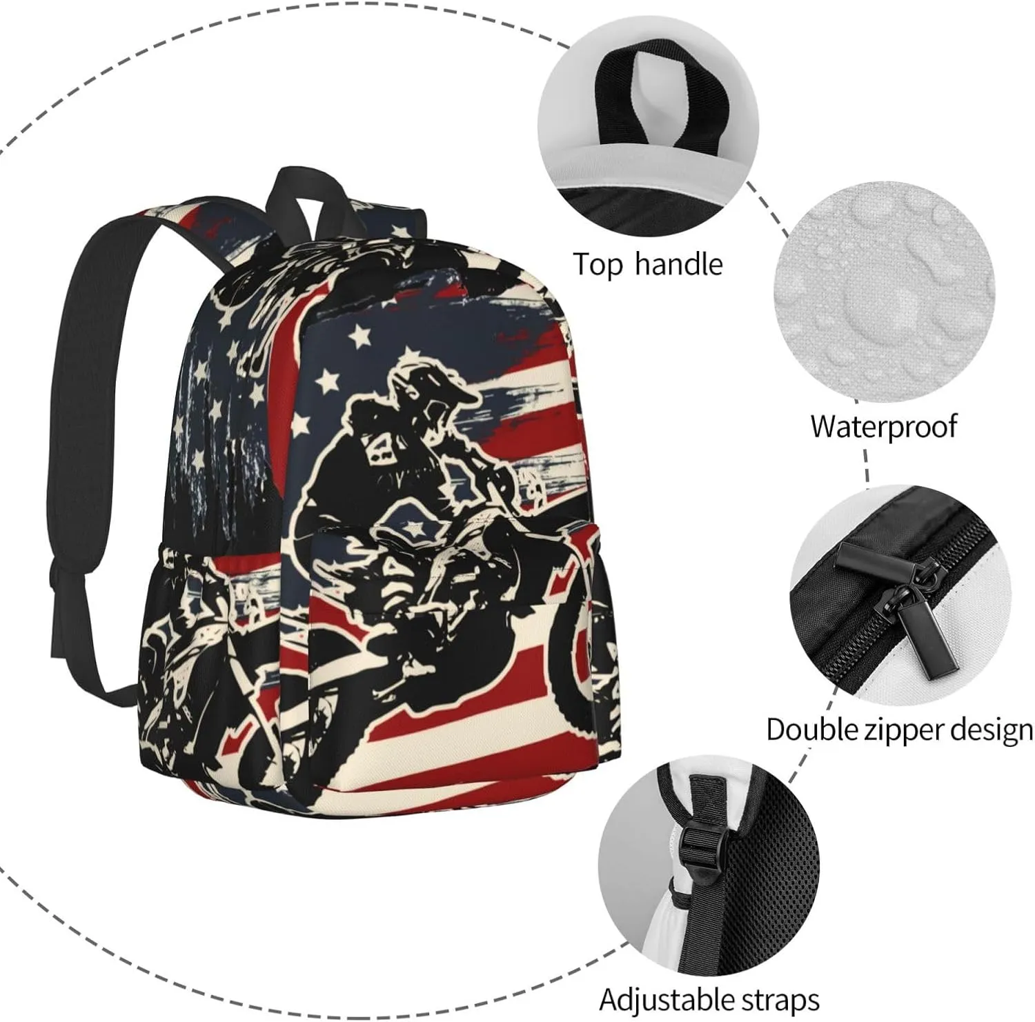 Motocross Dirt Bike American Flag Unisex Backpacks 15in Laptop Backpack Multipurpose Double Shoulder Bag For Men Women Gifts