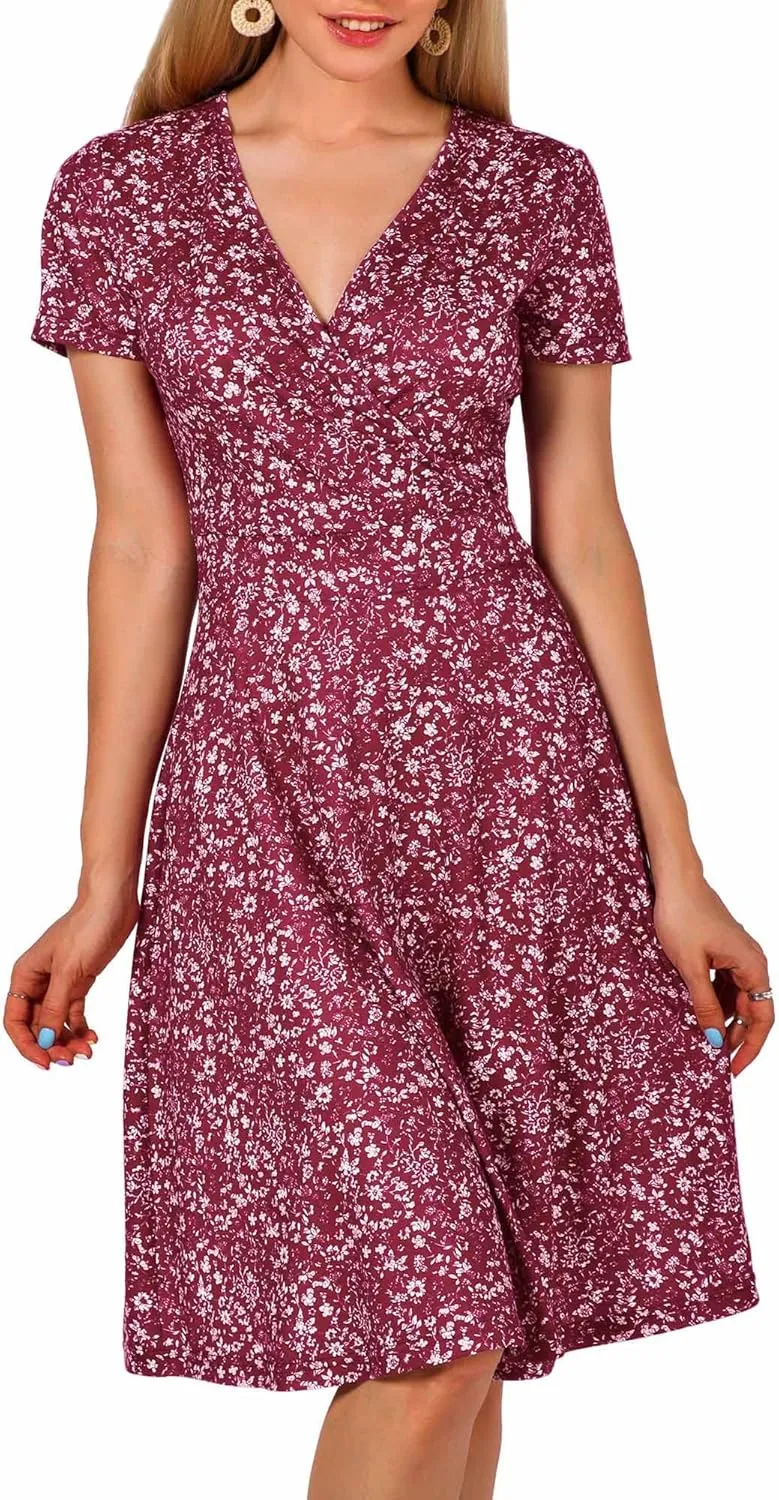 MSBASIC Womens Summer Wrap V Neck Casual Dresses Floral Short Sleeve A-Line Midi Sundress